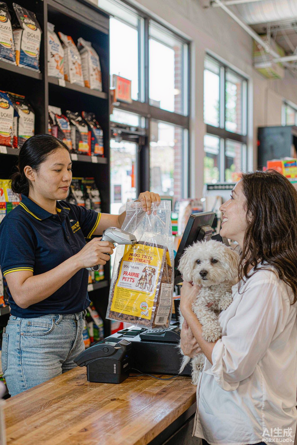 Cashier scanning a bag of pet treats at the checkout counter of a pet shop