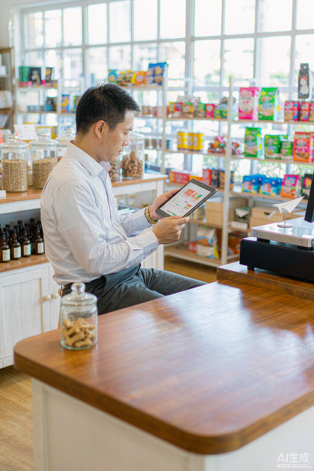 Shop owner reviewing sales charts on a tablet in a pet shop