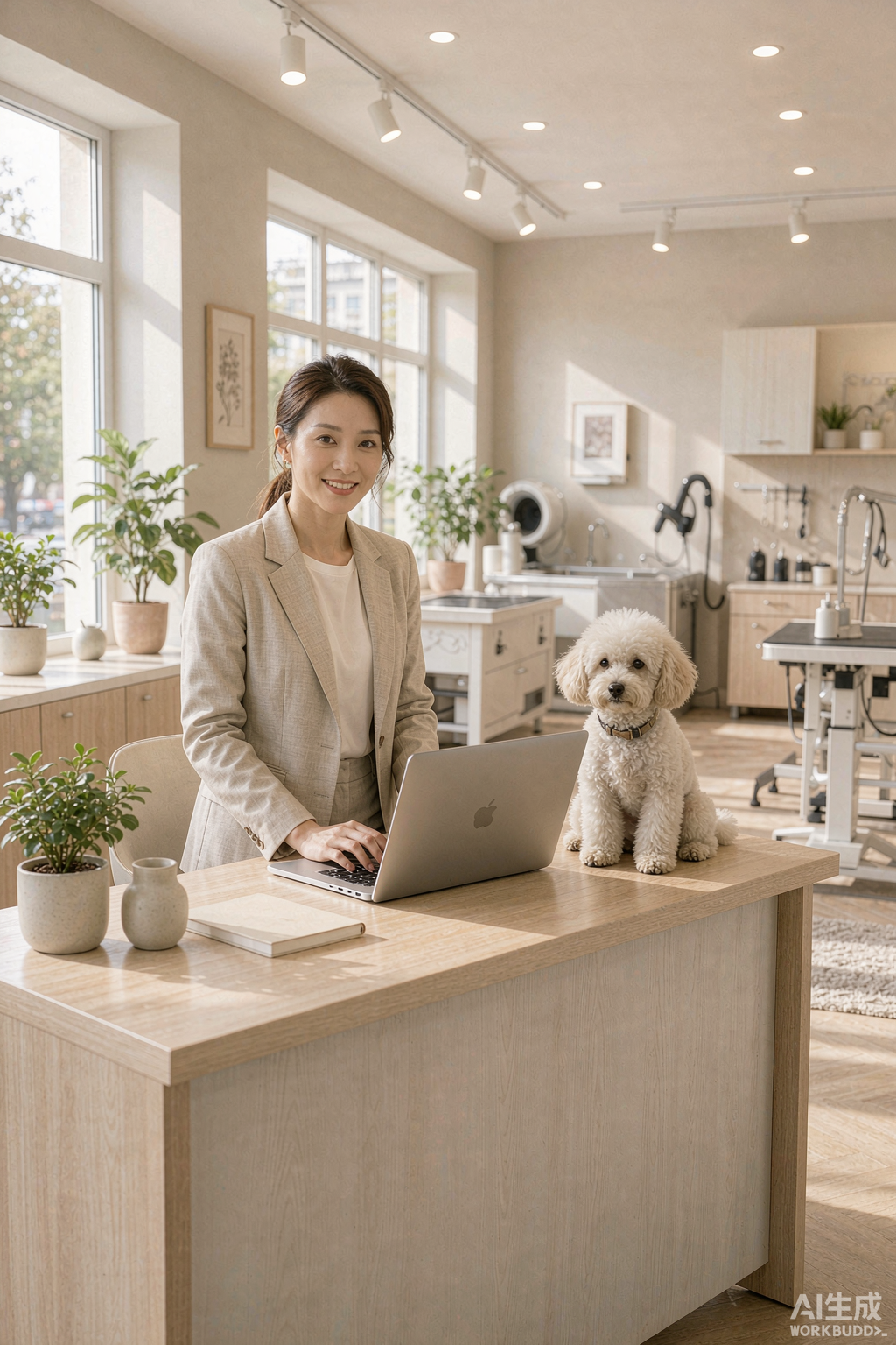 Shop owner at the reception desk with a dog