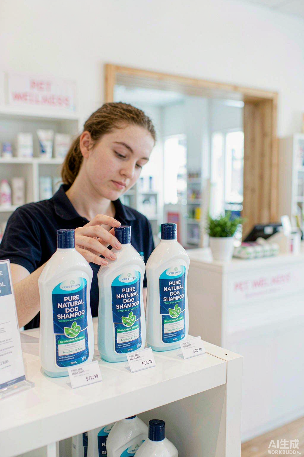 Shop assistant arranging three bottle sizes of dog shampoo on a shelf