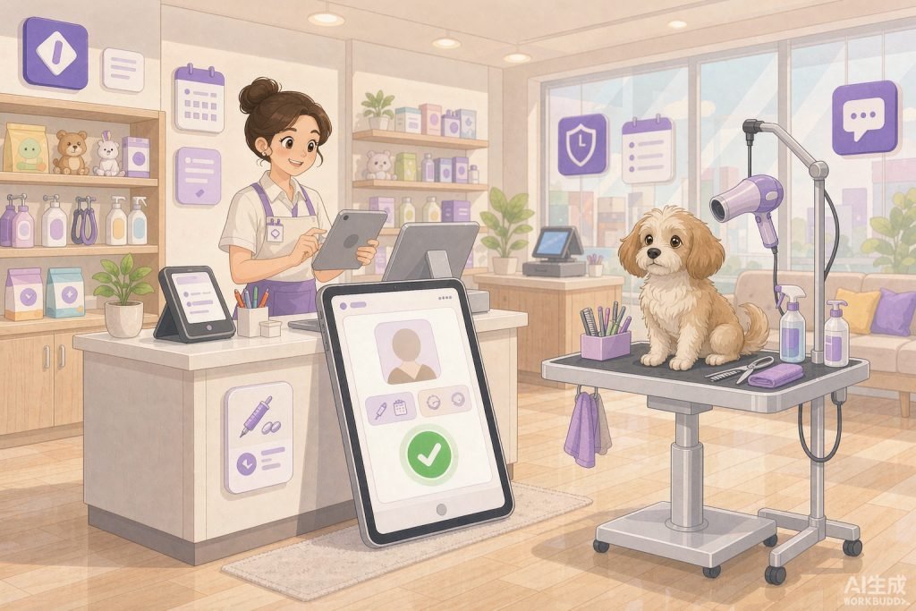 Illustration: a groomer checks a dog's vaccination and deworming history on a tablet at the counter, with an up-to-date status badge.